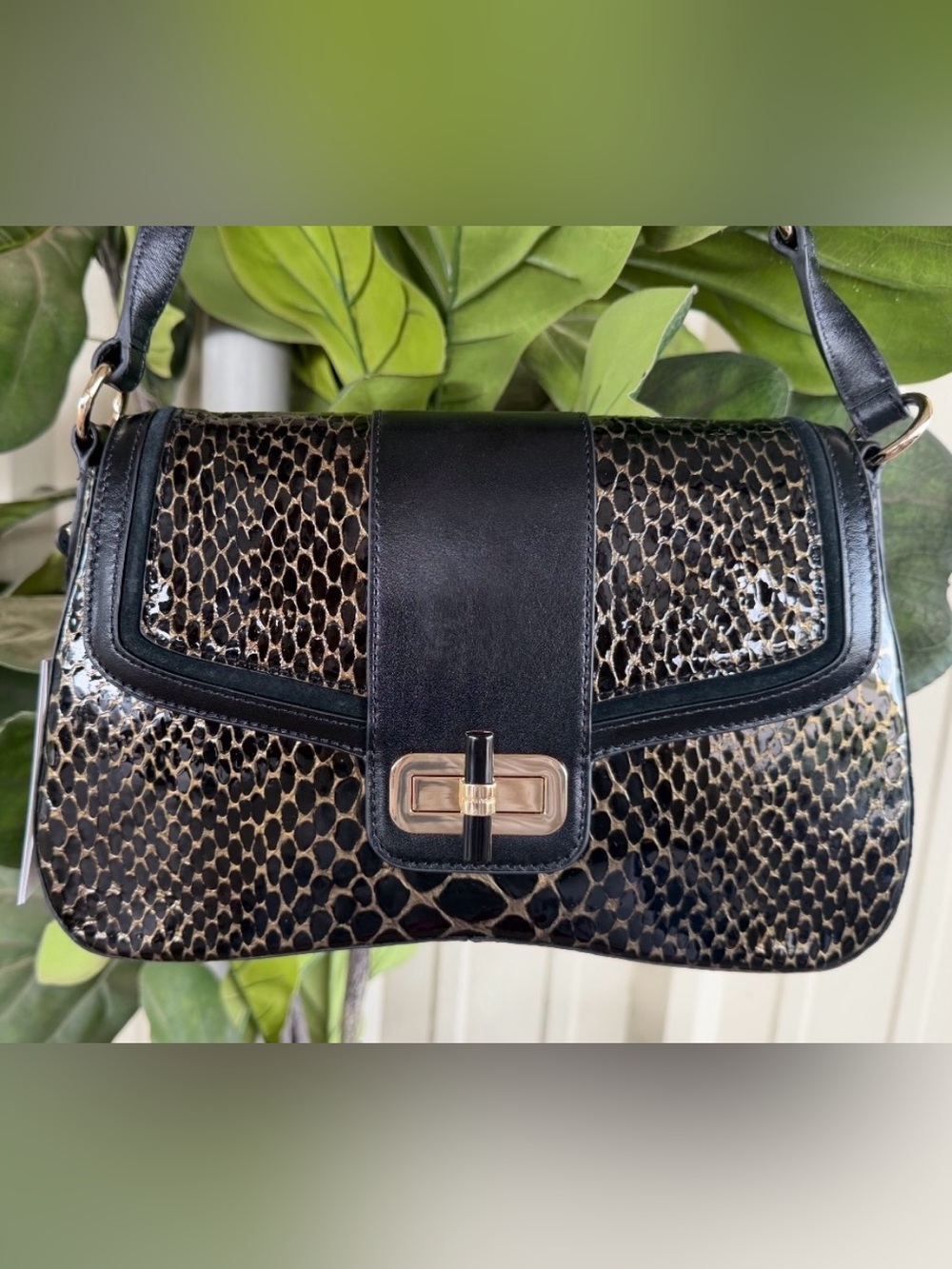 BRAHMIN Nerida Shoulder Bag Black Cavatica Leather Gold Black Snake Patent $355